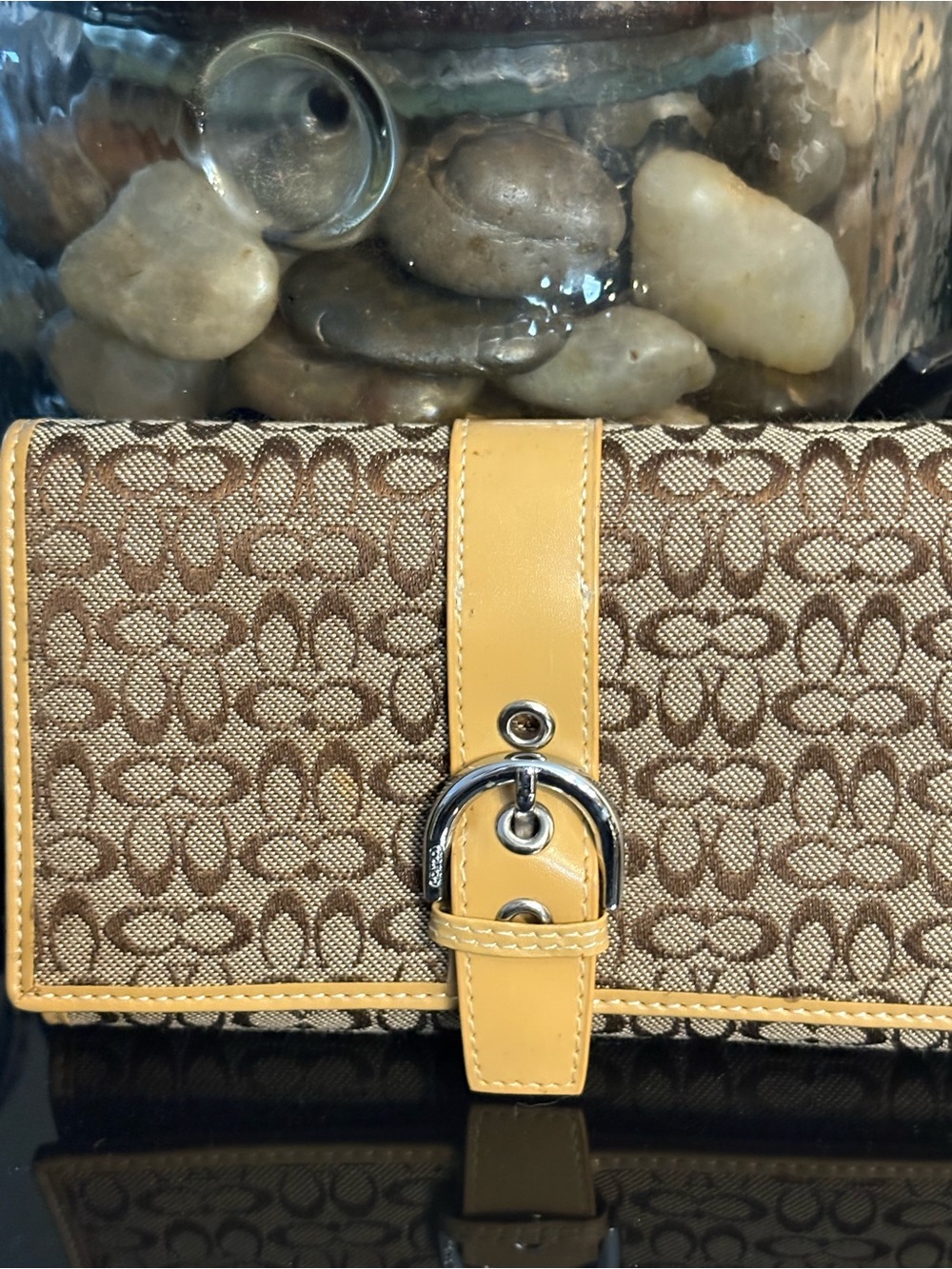 Coach Brown Signature Canvas Wallet with Yellow Leather Strap. New never used.